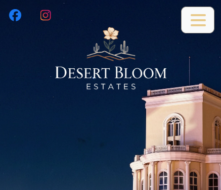 Desert Bloom Estates logo and building against a night sky