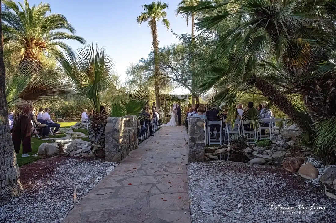 Indoor event hall at Desert Bloom Estates, all-inclusive Tucson venue with dance floor and bar